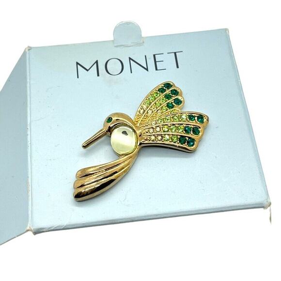 MONET Hummingbird Brooch Pin Clear Jelly Belly Green Rhinestone Gold Tone New - Picture 1 of 15